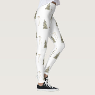 Modern Olive Green Christmas Trees & Bows Leggings