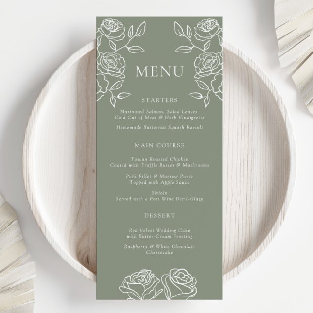 Modern Olive Green French Roses Wedding Save Menu (Creator Uploaded)