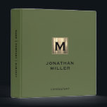 Modern Olive Green Gold Monogram 3 Ring Binder<br><div class="desc">Modern Brushed Metallic Gold Monogram Medallion Classic Block Typography Initial Name Custom Text Olive Green Home Office Work School Recipe 3 ring binder</div>