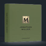 Modern Olive Green Gold Monogram 3 Ring Binder<br><div class="desc">Modern Brushed Metallic Gold Monogram Medallion Classic Block Typography Initial Name Custom Text Olive Green Home Office Work School Recipe 3 ring binder</div>