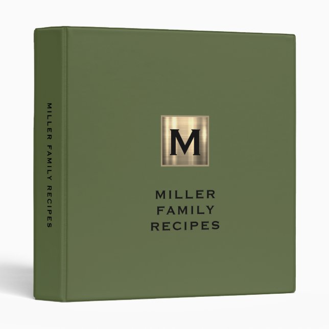 Modern Olive Green Gold Monogram Family Recipe 3 Ring Binder (Front/Spine)