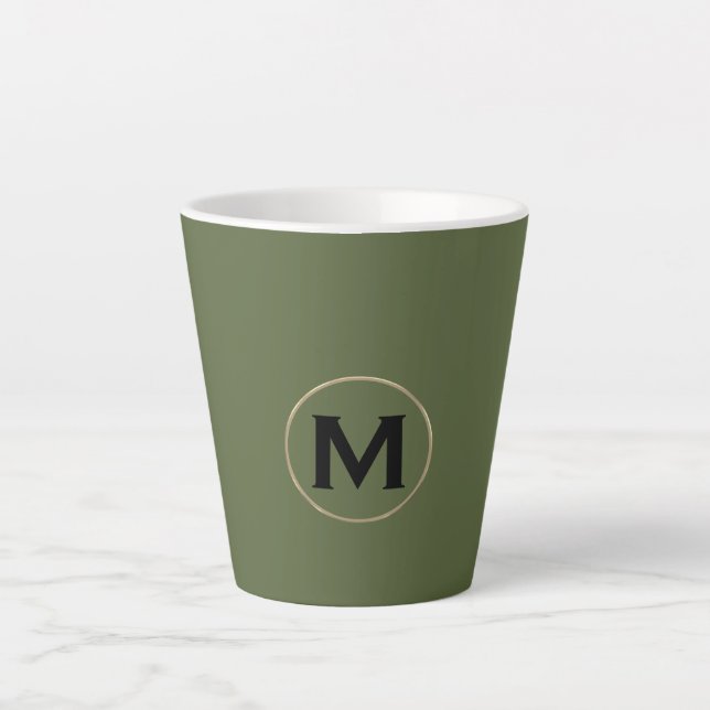 Modern Olive Green Gold Monogram Latte Mug (Front)