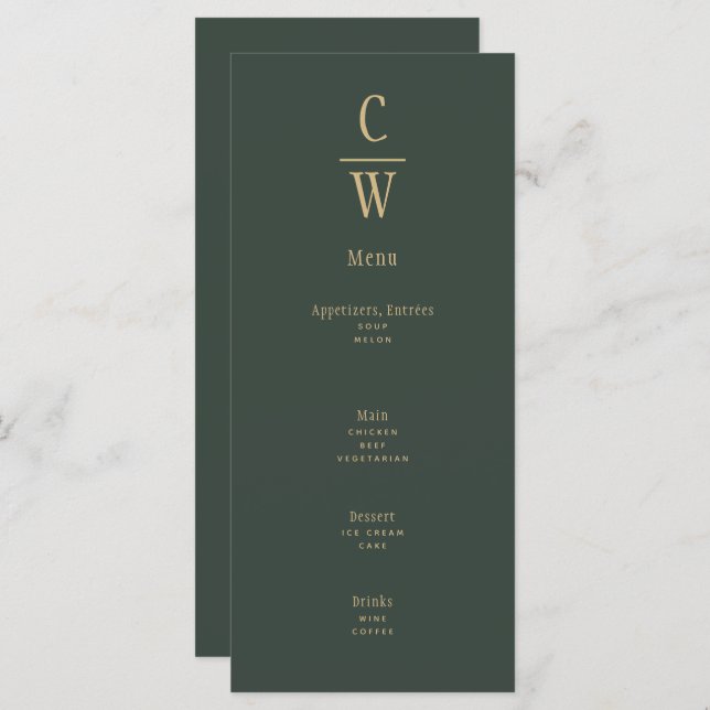 Modern Olive Green Gold Wedding Monogrammed Menu (Front/Back)
