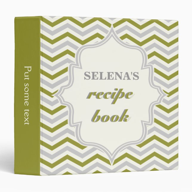 Modern olive green, grey chevron zigzag recipe binder (Front/Spine)