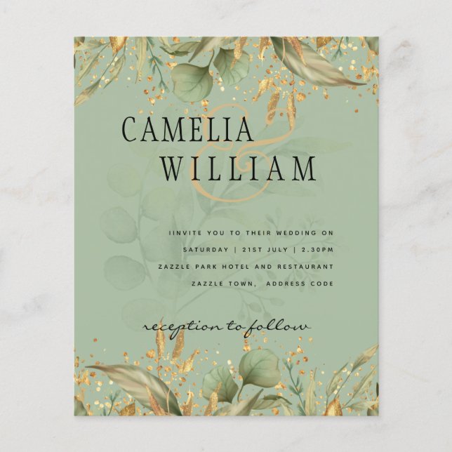 Modern Olive Green Leaves Gold Wedding Invite Flyer (Front)