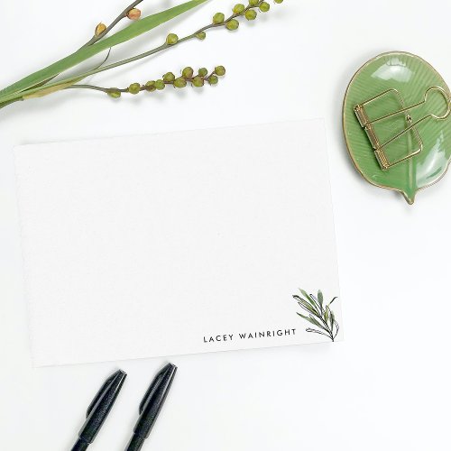 Modern Olive Green Leaves Personalized Stationery Note Card