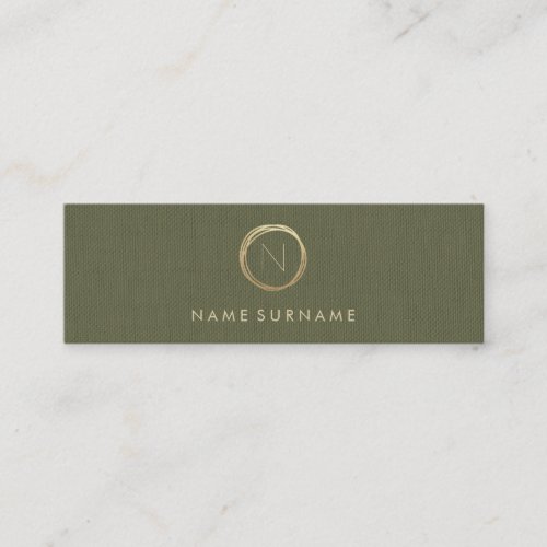 Modern Olive Green Linen Elegant Gold Monogram Mini Business Card