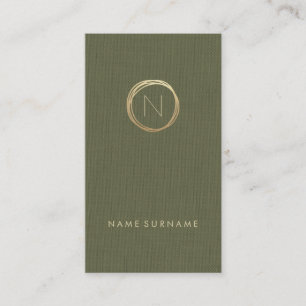 Modern Olive Green Linen Gold Monogram Vertical Business Card
