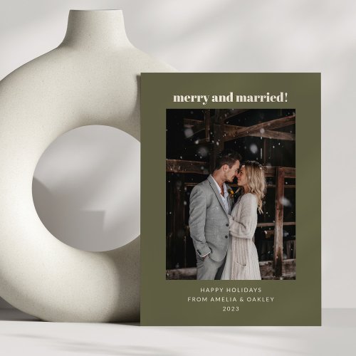 Modern Olive Green Merry Married Christmas Photo Holiday Card