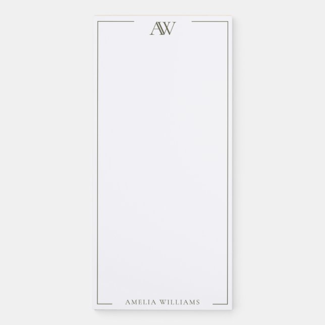 Modern Olive Green Minimalist Elegant Monogram Magnetic Notepad (Front)