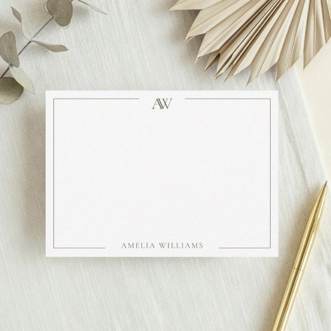 Modern Olive Green Minimalist Elegant Monogram Note Card (Creator Uploaded)