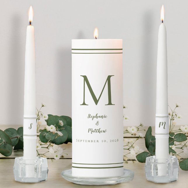 Modern Olive Green Minimalist Wedding Ceremony Unity Candle Set (Modern White & Olive Wedding Ceremony Bride Groom Unity Candle Set)