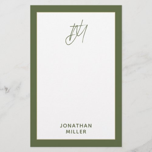 Modern Olive Green Monogram Stationery