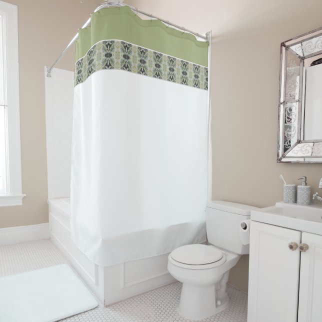 Modern Olive Green Patterned Shower Curtain (In Situ)