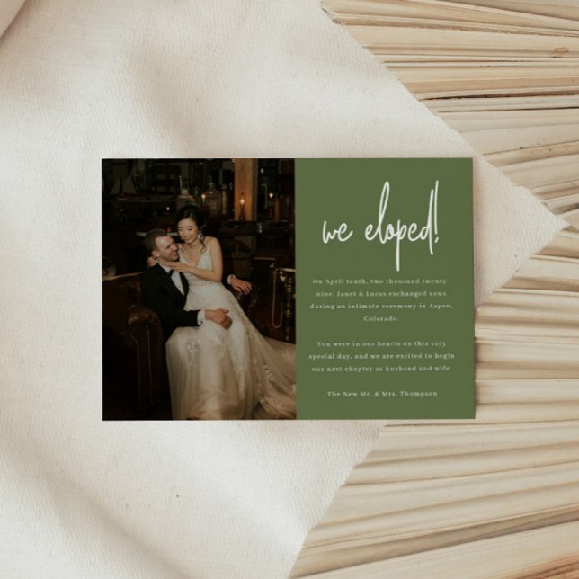 Modern Olive Green Photo Wedding Elopement Announcement (Creator Uploaded)