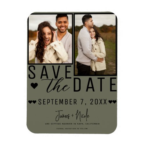Modern Olive Green Save the Date 2 Photo Wedding Magnet