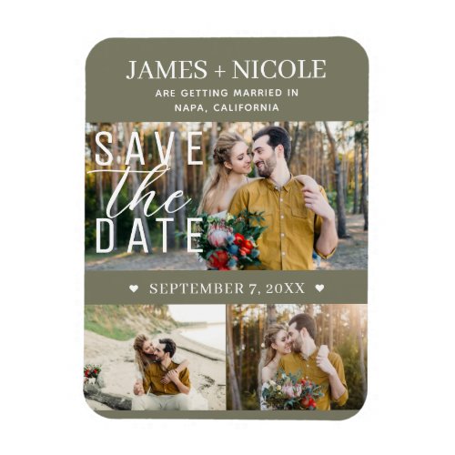 Modern Olive Green Save the Date Wedding 3 Photos Magnet