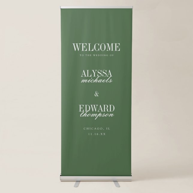 Modern Olive Green Script Wedding Welcome Retractable Banner (Front)