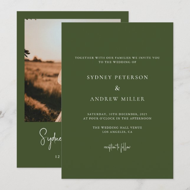 Modern Olive Green Summer Wedding Photo Invitation (Front/Back)