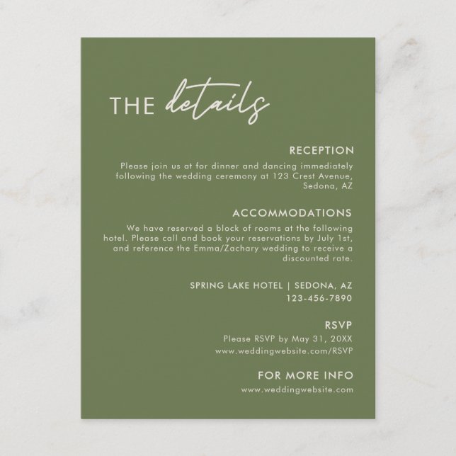 Modern Olive Green Wedding Details Enclosure Card (Front)