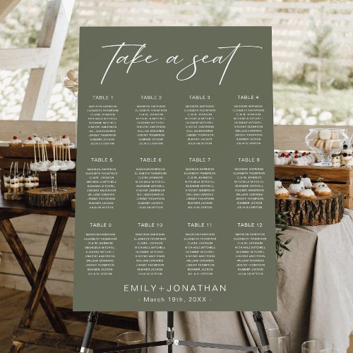 Modern Olive Green Wedding Seating Chart Foam Board