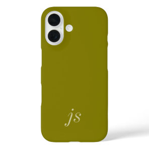 Modern Olive Green White Monogram Name iPhone 16 Case
