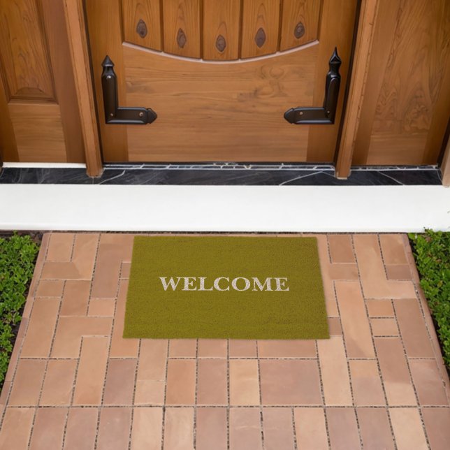 Modern Olive Green & White Welcome Personalized  Fiber Doormat (Insitu (Outdoor))