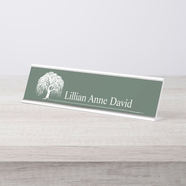 Modern Olive Green Willow Tree Logo Personalized Desk Name Plate (Front)