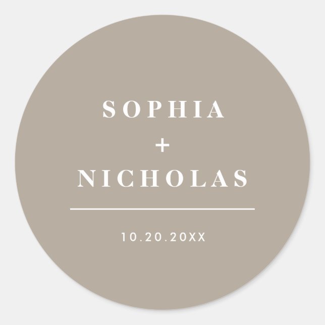 Modern Olive Grey Minimal Elegant Wedding Classic Round Sticker (Front)