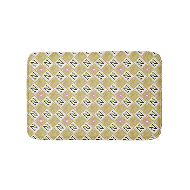Modern Olive & Magenta Geometric Tribal Pattern Bath Mat (Front)