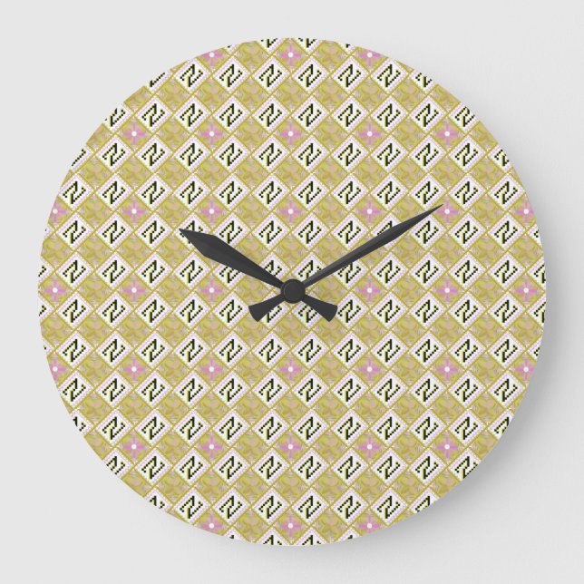 Modern Olive & Magenta Geometric Tribal Pattern Large Clock (Front)