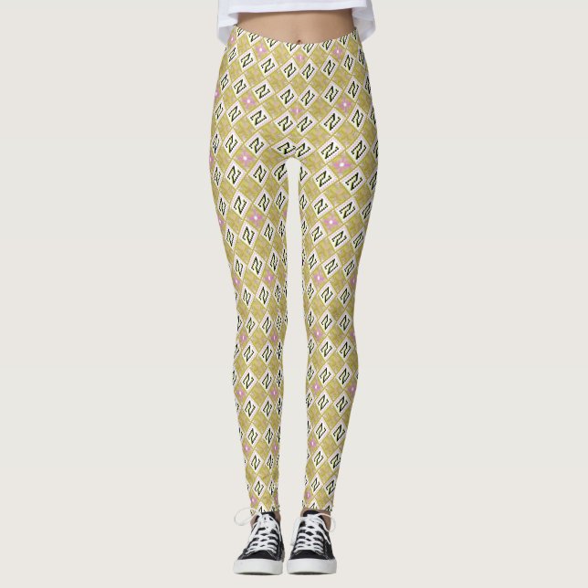 Modern Olive & Magenta Geometric Tribal Pattern Leggings (Front)