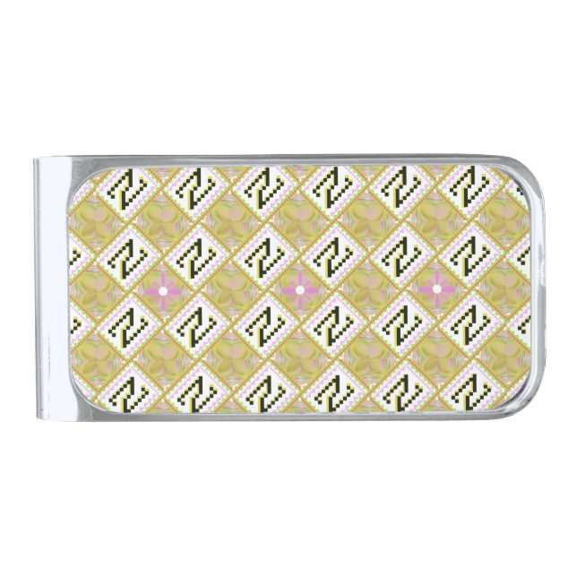 Modern Olive & Magenta Geometric Tribal Pattern Silver Finish Money Clip (Front)