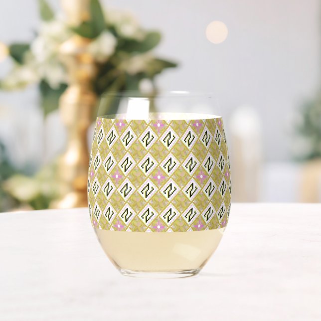 Modern Olive & Magenta Geometric Tribal Pattern Stemless Wine Glass (Insitu (Wedding))