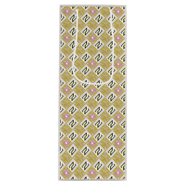 Modern Olive & Magenta Geometric Tribal Pattern Wine Gift Bag (Front)
