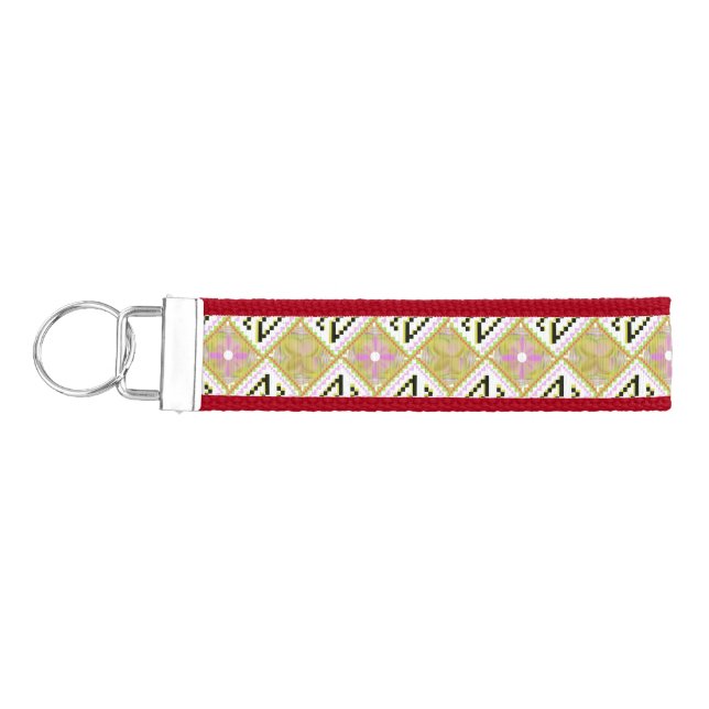 Modern Olive & Magenta Geometric Tribal Pattern Wrist Keychain (Keys on Left)