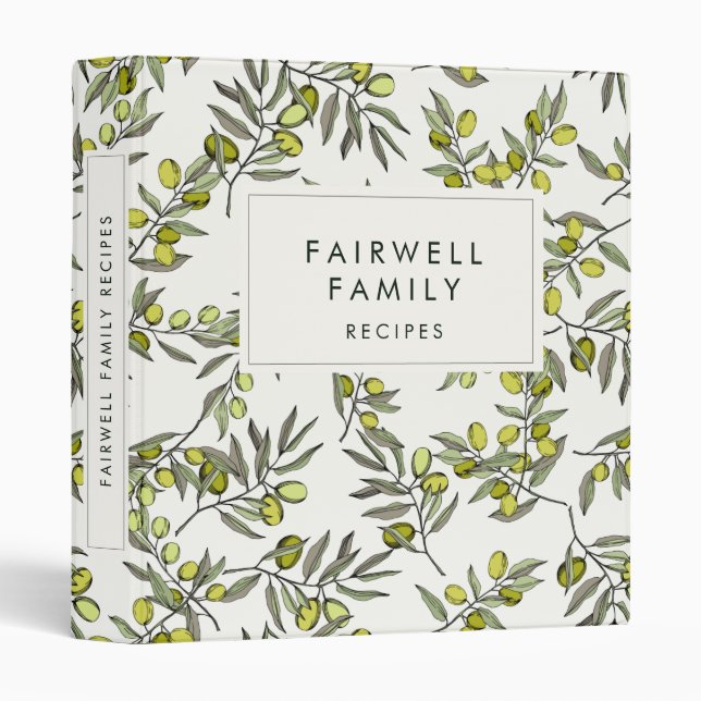 Modern olive pattern Family Recipes cookbook 3 Ring Binder (Front/Spine)
