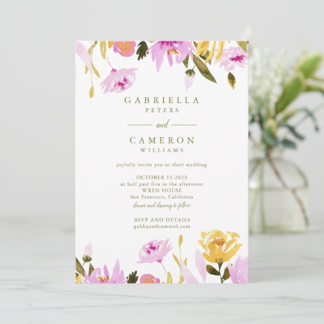 Modern Olive Pink Watercolor Floral Wedding Invitation (Standing Front)