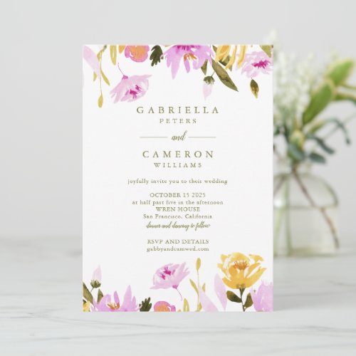 Modern Olive Pink Watercolor Floral Wedding Invitation