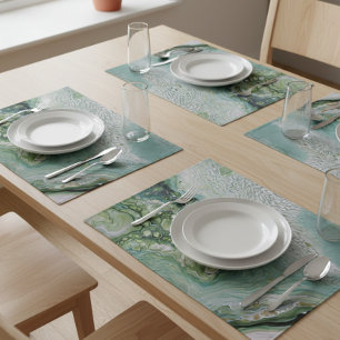 Modern Olive Sage Green Fluid Marble Art Cloth Placemat