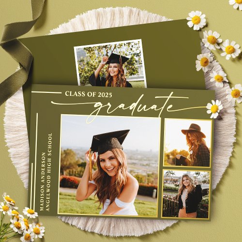 Modern Olive Script Graduate Photo Graduation Foil Invitation