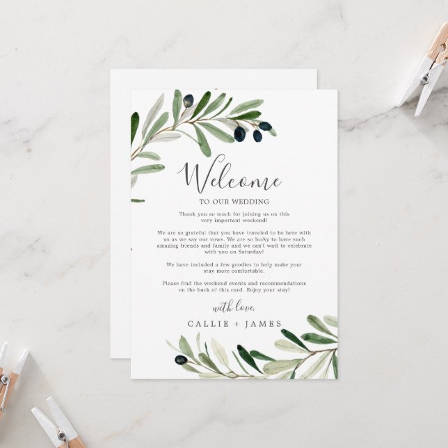 Modern Olive Wedding Welcome Letter & Itinerary (Front/Back In Situ)