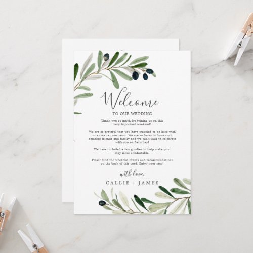 Modern Olive Wedding Welcome Letter  Itinerary