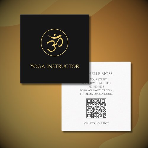 Modern Om Symbol Yoga Wellness Gold Black Square Business Card