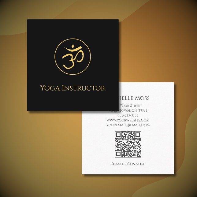 Modern Om Symbol Yoga Wellness Gold Black Square Business Card (Creator Uploaded)