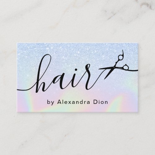 Modern ombre blue holographic hairstylist business card
