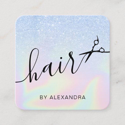 Modern ombre blue holographic hairstylist square business card