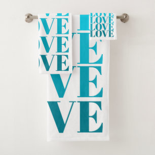 Modern ombre blue LOVE typography Valentines Day Bath Towel Set