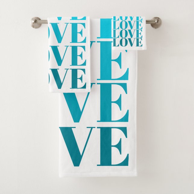 Modern ombre blue LOVE typography Valentines Day Bath Towel Set (Insitu)