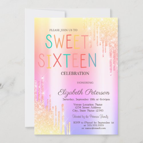 Modern Ombre Glitter Drips Colorful Sweet 16 Invitation
